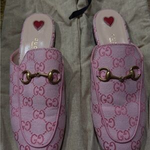 Gucci Pink GG Canvas Mules with Gold Hardware